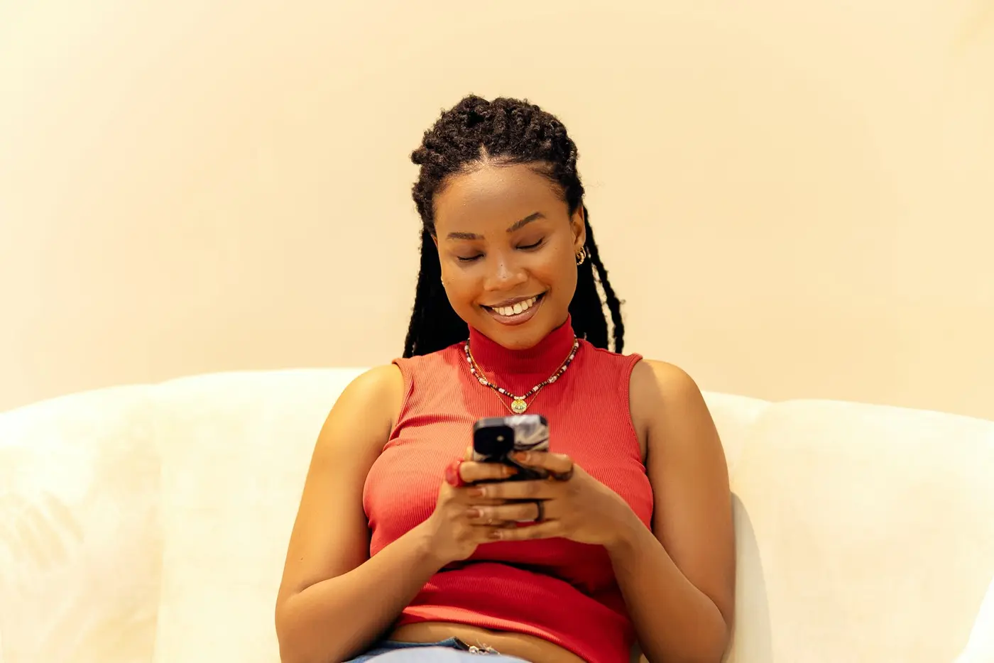 A shopper at home on a new sofa